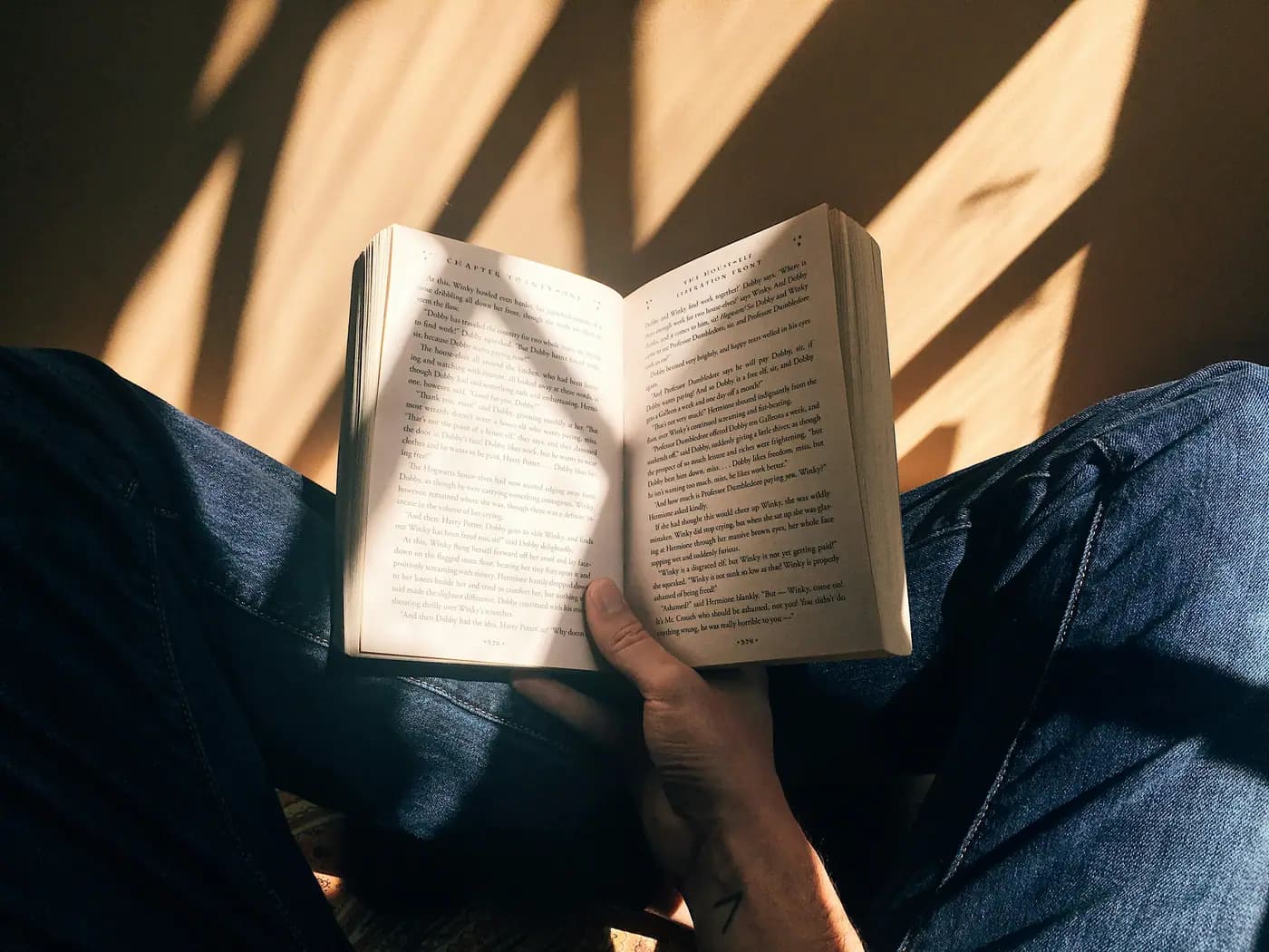 Person reading a book while sitting in warm sunlight.