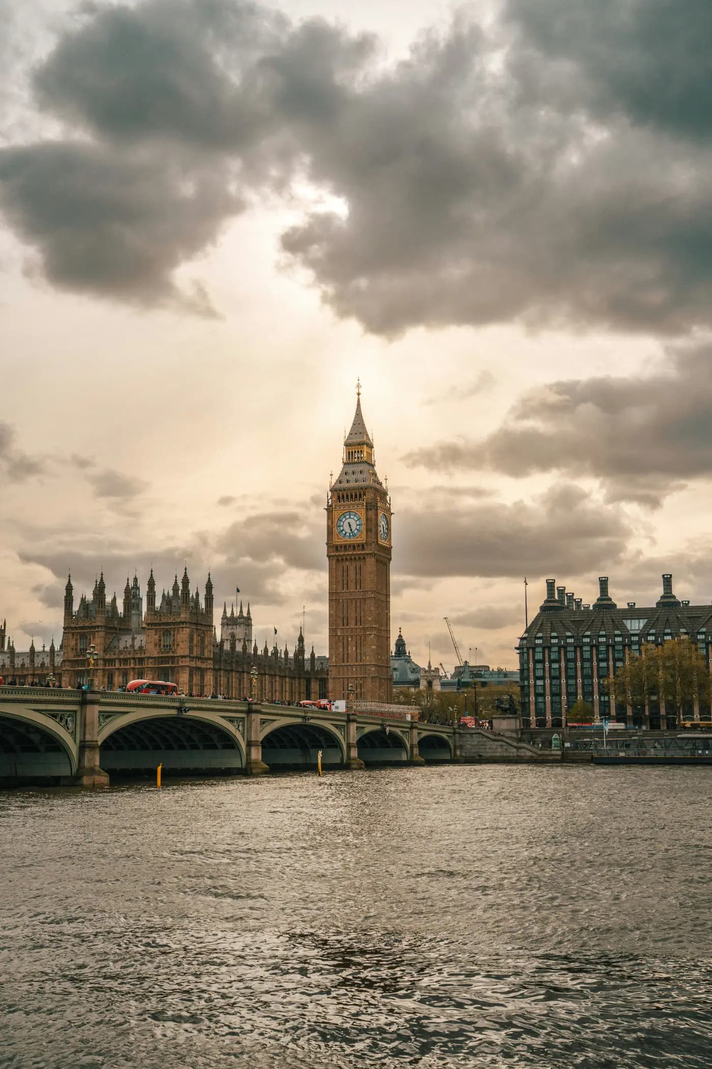 View of Big Ben and Westminster Bridge over the Thames.